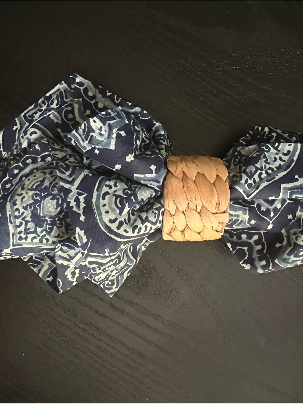 NEW** Set of 2 Blue Patterned Napkins with Hyacinth Woven Tan Rings